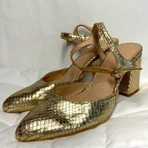 Anthropologie Gold faux snake strap heel new size 7